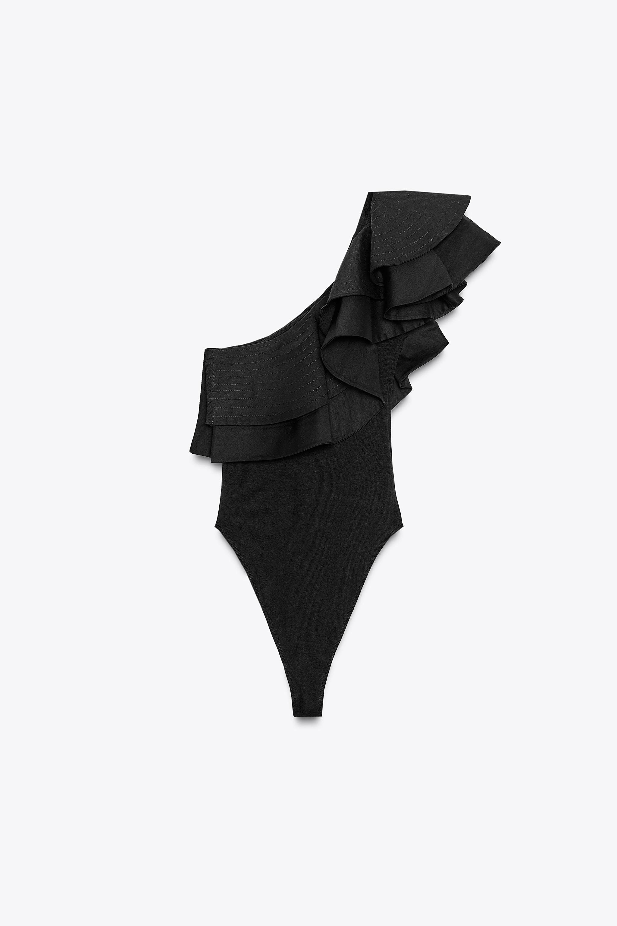 ASYMMETRIC BODYSUIT WITH CONTRASTING RUFFLE